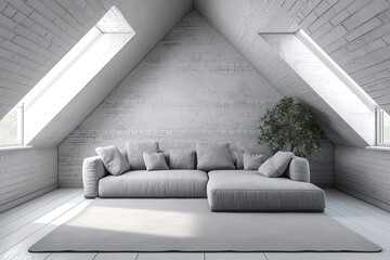 Grey attic living room interior with sofa.