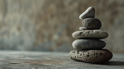  a stack of rocks sitting on top of each other on top of a cement floor in front of a stone wall and a stone wall in the middle of the background.
