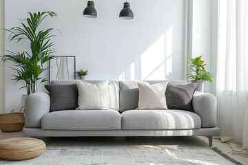 Grey sofa with pillows near white wall in stylish living room interior.