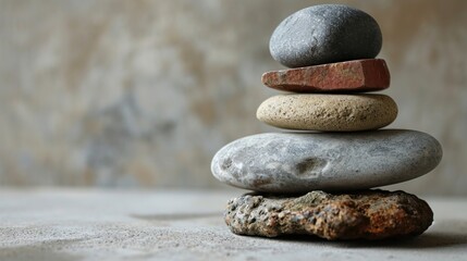  a stack of rocks sitting on top of each other on top of a cement floor next to a stone wall and a stone wall in the middle of the background.