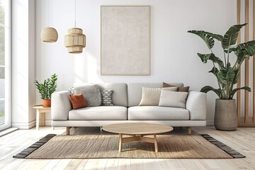 Grey sofa with pillows near white wall in stylish living room interior.