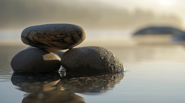  two rocks stacked on top of each other in the middle of a body of water with a bridge in the distance in the distance, and fog in the background.