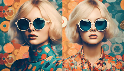 60s fashion blonde woman wearing trendy sunglasses. Summer collage