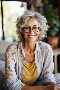 Portrait of a smiling mature woman with grey hair and glasses