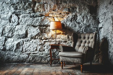 Grey stone wall, white brick background, interior style, chair lamp and object.