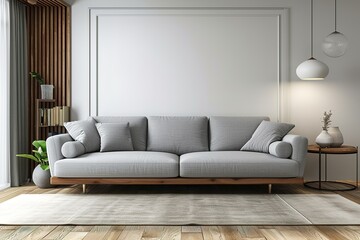 Interior of living room modern style with grey fabric sofa,wooden side table and white ceiling lamp on wooden floor.