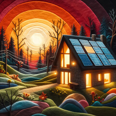 felt art patchwork, Modern house with solar panels on the roof in forest. End of the day, sunset. Idyllic atmosphere. House with solar cells, home lighting powered by solar energy