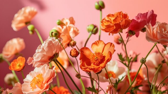  a close up of a bunch of flowers with pink and orange flowers in front of a pink background with a shadow of a person in the middle of the picture.