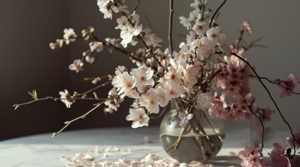  a vase filled with pink and white flowers sitting on top of a table next to a glass vase filled with pink and white flowers on top of a white table.