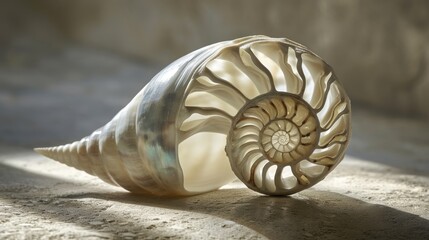 a close up of a seashell on a surface with sunlight coming through the shell and a shadow cast on the wall behind it, with a soft light shining on the floor. - obrazy, fototapety, plakaty