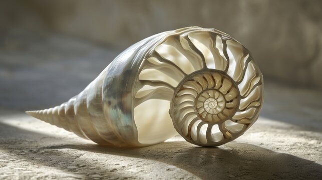  a close up of a seashell on a surface with sunlight coming through the shell and a shadow cast on the wall behind it, with a soft light shining on the floor.