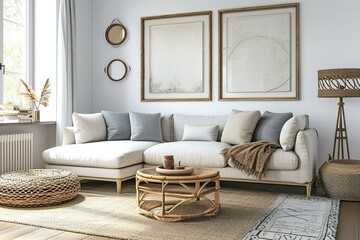 Japandi minimalist living room with frame mockup in white and blue tones. sofa, rattan furniture, and wallpaper. design of a farmhouse interior.