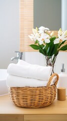 Wicker basket with white towels on table in bathroom. Space for text. cleanliness and comfort.