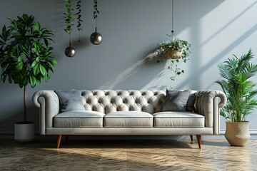 Living room interior has sofa in 3d rendering. Front view of sofa and plant in 3d rendering