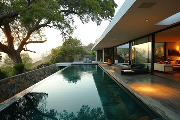 Lap pool next to modern house