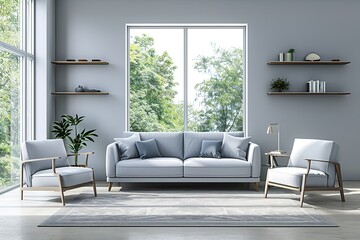 Light lounge room interior with couch and two chairs, shelf and window, mockup