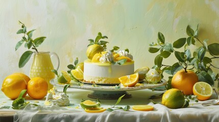  a cake sitting on top of a table covered in oranges and lemons next to a pitcher of lemonade and a pitcher of lemons on a table cloth.