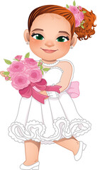 Marriage decoration design concept with white dress woman holding pink roses in hands. Bride cartoon PNG