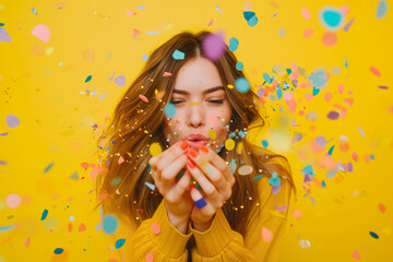 Young woman blowing colorful confetti against a yellow background