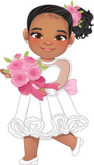 Marriage decoration design concept with white dress woman holding pink roses in hands. American African Bride cartoon PNG