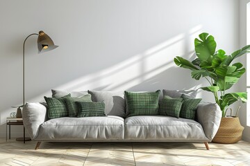 Living room interior with gray velvet sofa, pillows, green plaid, lamp and fiddle leaf tree in wicker basket on white wall background.