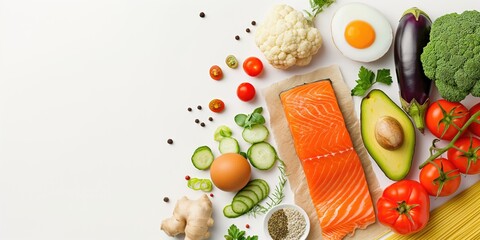 Nature's Bounty: Artfully Arranged Fresh Salmon, Avocado, and Garden Vegetables on a Pristine White Backdrop – Perfect for Healthy Lifestyle Themes