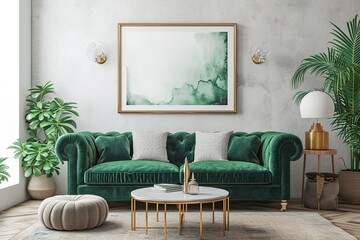 Luxury living room in house with modern interior design, green velvet sofa, coffee table, pouf, gold decoration, plant, lamp, carpet, mock up poster frame and elegant accessories.