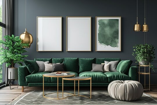 Luxury living room in house with modern interior design, green velvet sofa, coffee table, pouf, gold decoration, plant, lamp, carpet, mock up poster frame and elegant accessories.