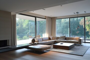 Minimalist living space leather couch big windows.