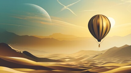  a painting of a hot air balloon flying in the sky over a desert landscape with mountains and a distant planet in the distance with contra beams of light in the sky. - obrazy, fototapety, plakaty