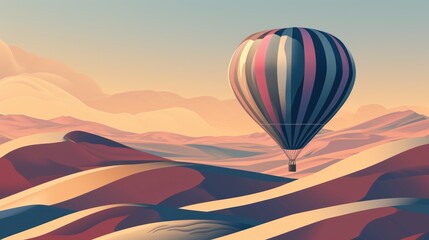  a painting of a hot air balloon flying over a desert landscape with hills and hills in the distance, with a blue sky and a few clouds in the foreground.