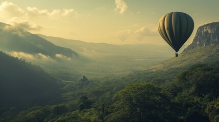  a hot air balloon flying in the sky over a lush green valley with a mountain range in the distance and a valley in the foreground with trees and mountains in the foreground.