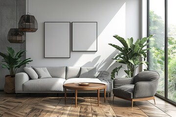 Mock up empty posters on the wall. Modern living room interior. Wooden floor and stylish furniture. Concept of contemporary design.