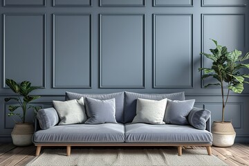 Mock up wall in steel blue modern interior background, living room, Scandinavian style