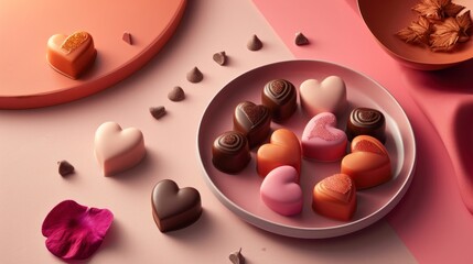  a plate of assorted heart shaped chocolates on a pink and pink surface next to other heart shaped chocolates on a pink and white plate and pink surface.