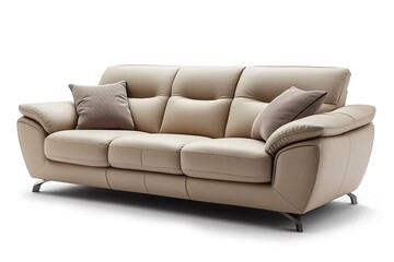 Modern beige leather upholstery sofa on isolated white background. Furniture for modern interior, minimalist design.