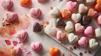  a white plate topped with lots of heart shaped candy next to a pile of other heart shaped candies on top of a counter top of dirt covered with dirt.