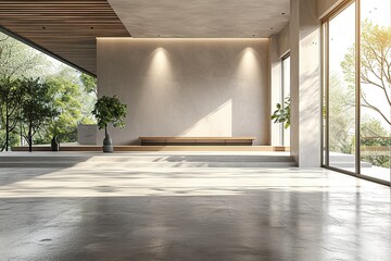 Modern contemporary empty hall with nature view 3d render overlooking the living room behind the room has concrete floors, plank ceilings and blank white walls for copy space, sunlight enter the room.