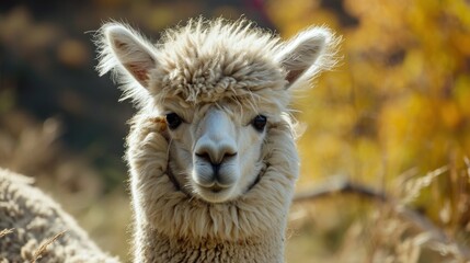  a close up of an alpaca looking at the camera with a blurry background of grass and trees in the foreground, with a blurry background.