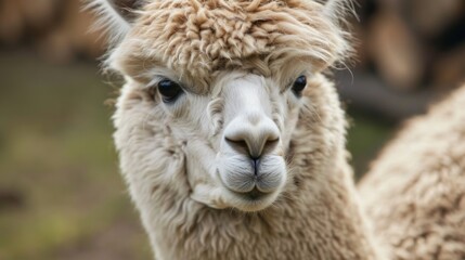  a close - up of a llama's face with a blurry background of other llama's in the foreground and a blurry background.