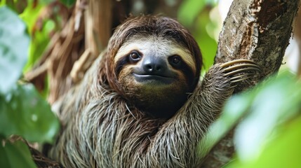  a three - toed sloth hanging from a tree branch in a tropical forest, with its front paws on the side of the branch of the sloth.
