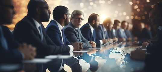 Investors analyzing financial data with bokeh background of world map and stock market charts