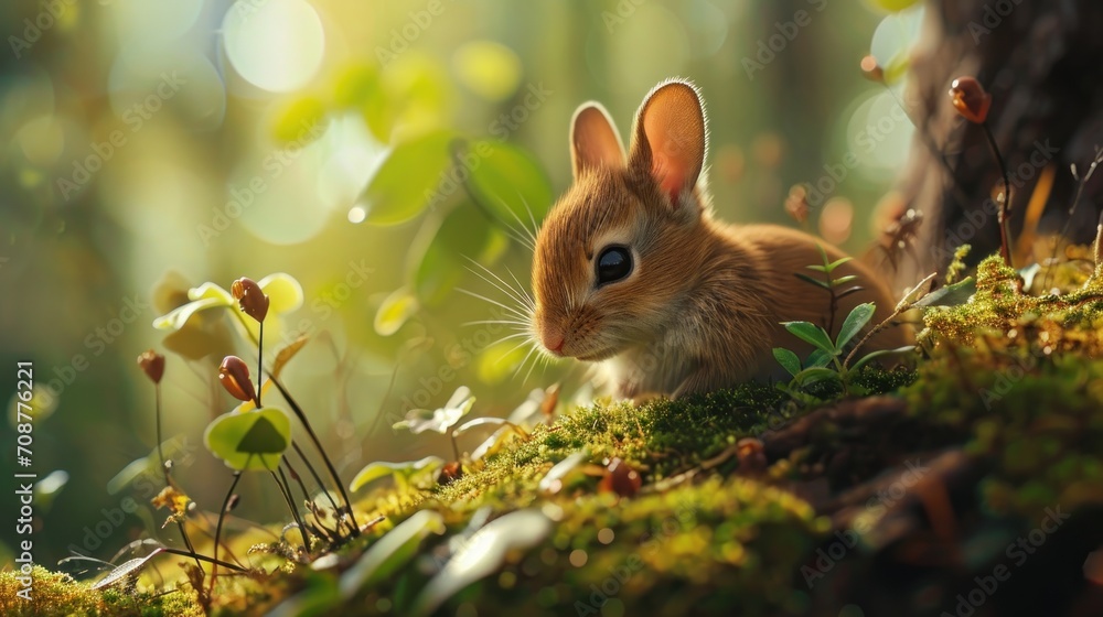 Wall mural a close up of a small animal in a field of grass and dirt with trees in the background and sunlight 