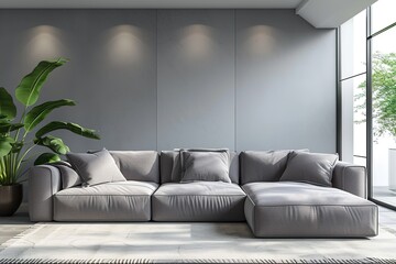 Modern living room design with sofa, copy space.