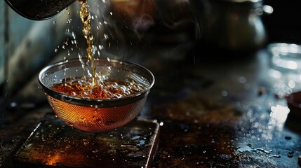  a person pouring liquid into a bowl on top of a wooden table next to a pot and a pan of food on top of a stove top of a wooden table. - obrazy, fototapety, plakaty