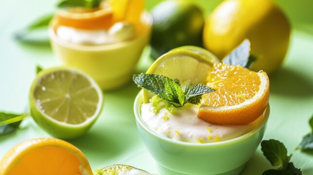  a close up of a bowl of food with oranges and limes on the side of the bowl and a lemon and mint garnish garnish garnish garnish garnish garnish garnish garnish garnish garnish.