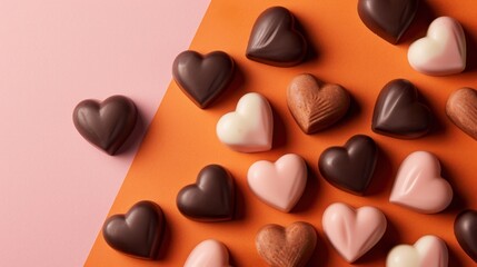 Fototapeta premium a group of heart shaped chocolates sitting on top of an orange and pink table next to a pink and white wall and a pink and orange table with a pink background.