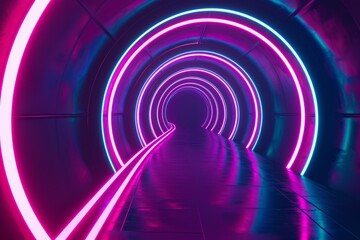 glow neon tube tunnel with three lines, in the style of light indigo and magenta, poster, high-angle, spectacular backdrops,