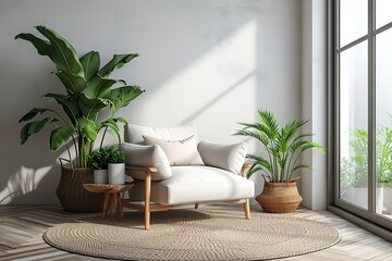Modern living room with armchair. Scandinavian style interior design.
