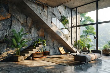 Modern living room with random stone texture seamless, stairs, interior background.